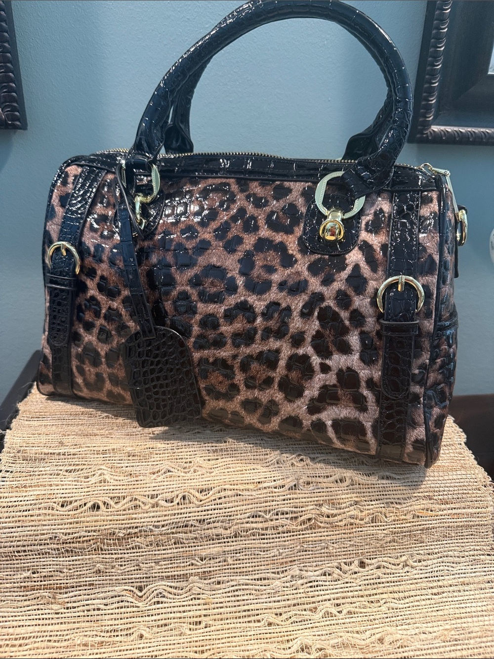 Leopard Print Dome Satchel Handbag - Black Brown